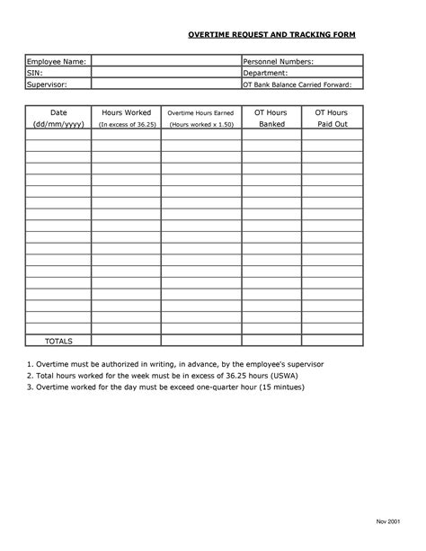 Printable Overtime Form Template